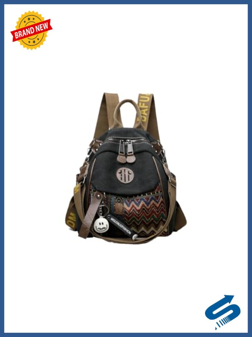 Womens Ethnic Embroidered Canvas Backpack Convertible Crossbody Bag